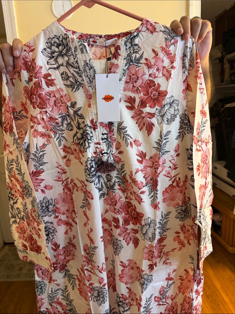New Khaadi Floral Pink and Gray Cotton Tunic Dress with off white pajama Size 10